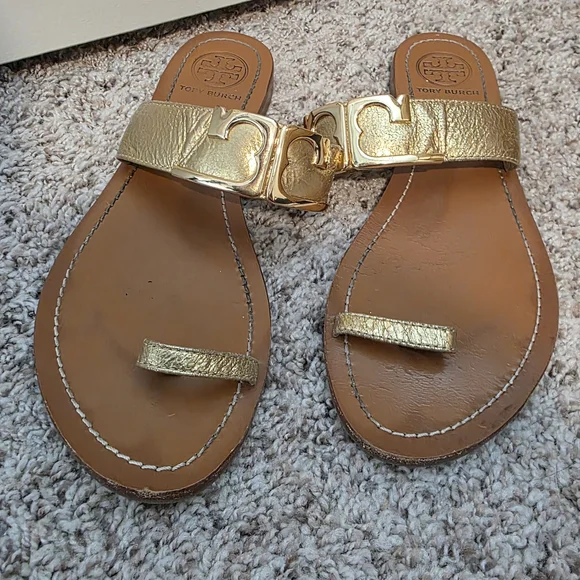 Tory Burch Marcia Metallic Leather Toe Ring Slides - Picture 6 of 7